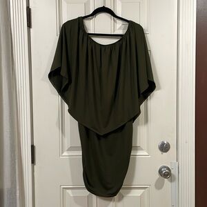 NEW Olive Green Bodycon Mini Dress with ruched sides and cape top, size large